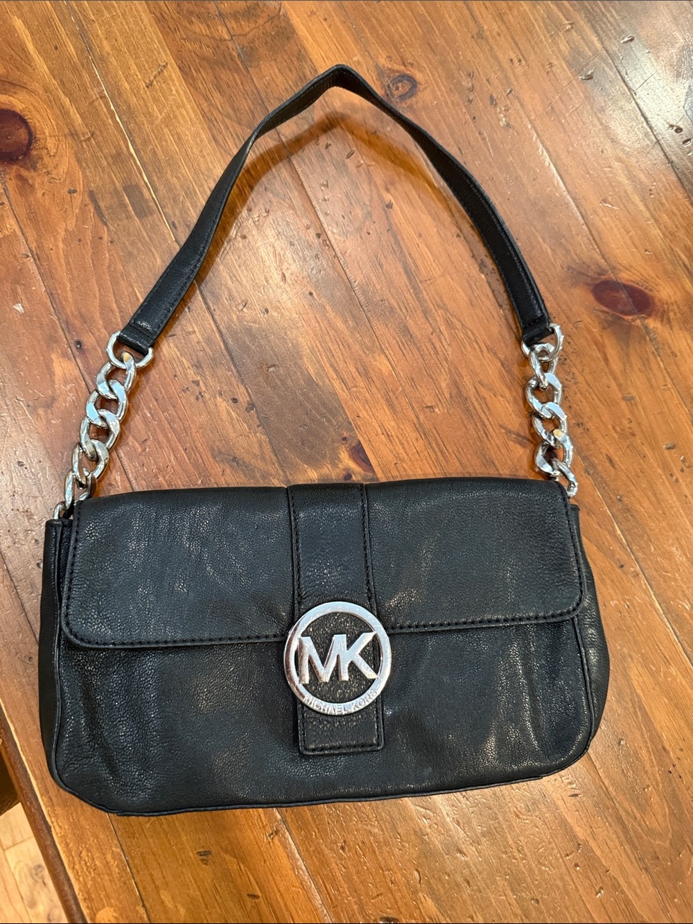 Michael Kors Black Leather Shoulder Bag with Silver MK Emblem